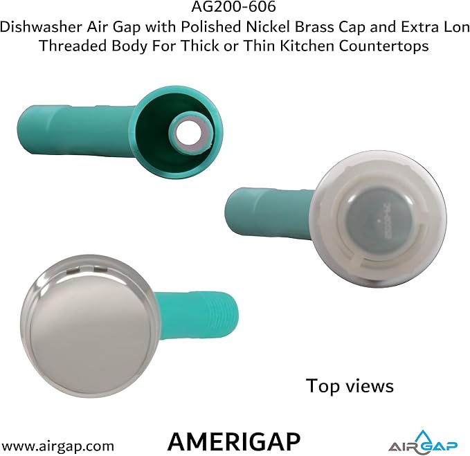 Dishwasher Air Gap with Skirted Polished Nickel Brass Cap and Extra Long Threaded Body for Thick or Thin Kitchen Countertops (AG200-606, AG200-X06, AMERIGAP)