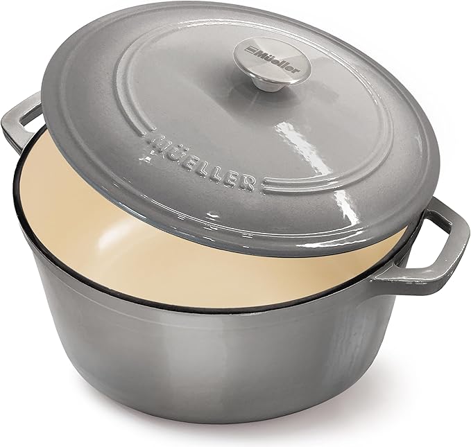 MUELLER HOME 4.5 QT Enameled Cast Iron Dutch Oven, Heavy-Duty Casserole Dish and Braiser Pan with Lid and Stainless Knob, Oven-Safe up to 500° F & Across All Cooktops, Grey