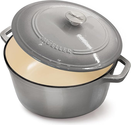 MUELLER HOME 4.5 QT Enameled Cast Iron Dutch Oven, Heavy-Duty Casserole Dish and Braiser Pan with Lid and Stainless Knob, Oven-Safe up to 500° F & Across All Cooktops, Grey