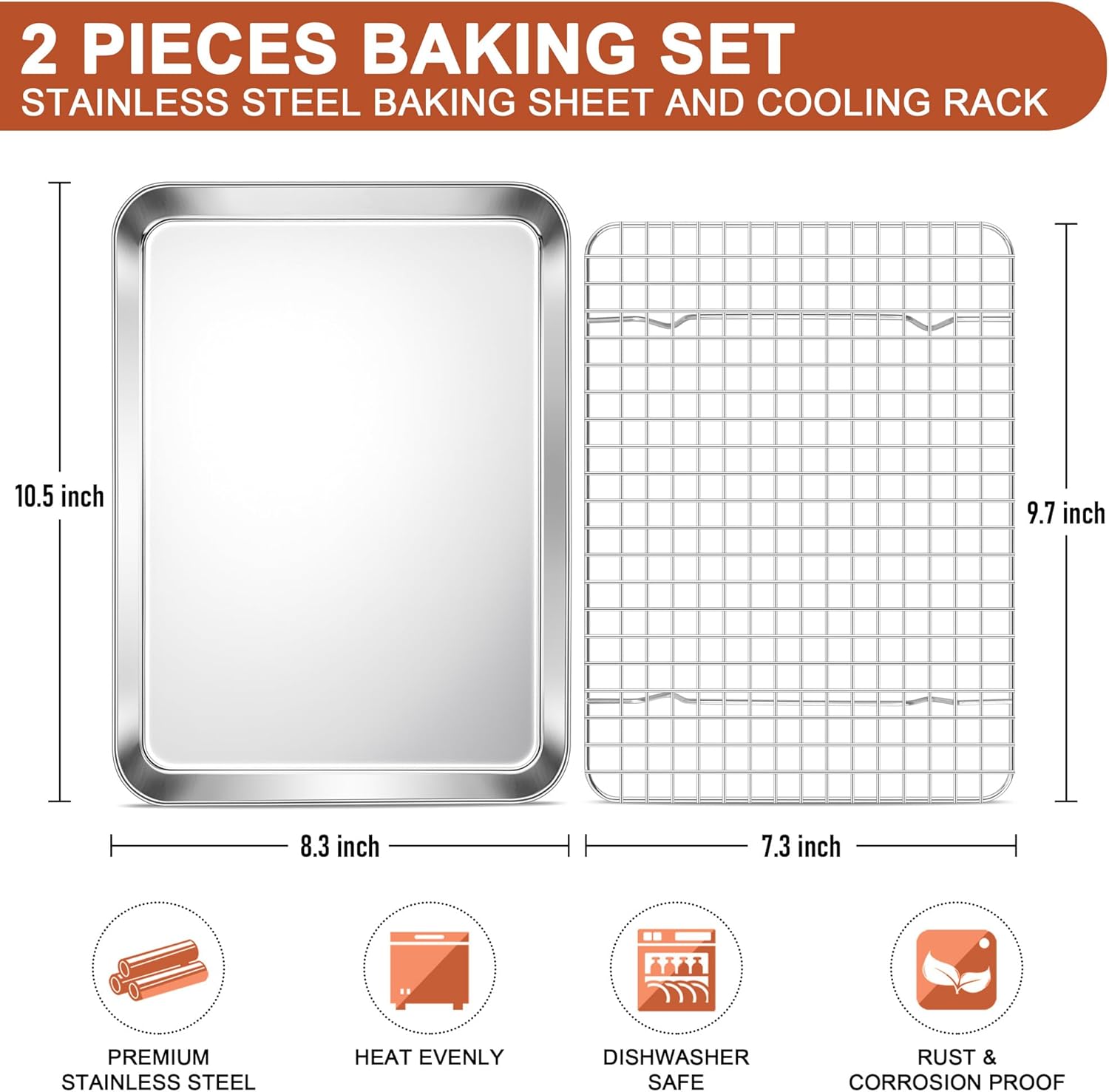 E-far Stainless Steel Baking Sheet with Wire Rack Set, 10.5” x 8.3” Cookie Sheet Baking Pan for Toaster Oven, Small Metal Tray with Cooling Rack for Cooking Roasting, Non-Toxic & Dishwasher Safe - Culinary Roots