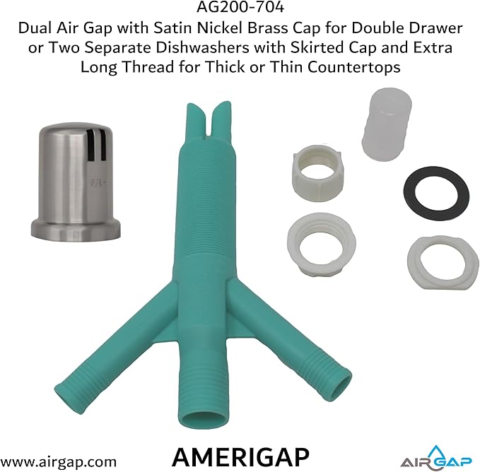 Dual Air Gap with Satin Nickel Brass Cap for Double Drawer or Two Separate Dishwashers with Skirted Cap and Extra Long Thread for Thick or Thin Countertops (AG200-704, AG200-X04, AMERIGAP)