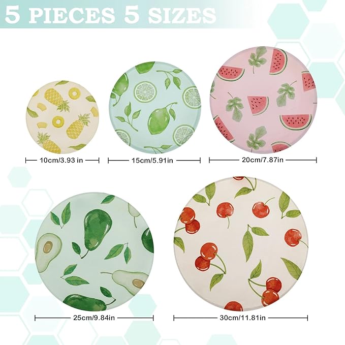 5-Size Reusable Beeswax Bowl Covers for Bread Proofing, Cotton Cloth Flexible Beeswax Wraps for Food Storage(Colored Fruit)