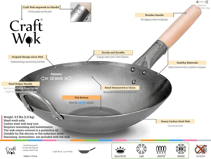 Craft Wok Flat Hand Hammered Carbon Steel Pow Wok with Wooden and Steel Helper Handle (12 Inch, Flat Bottom) / 731W316-12in