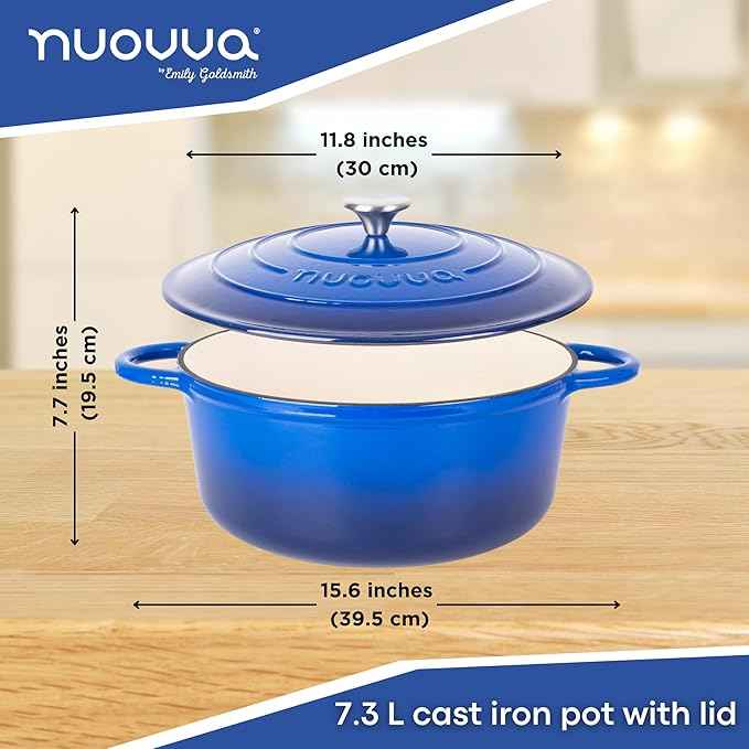 Cast Iron Dutch Oven with Lid – Non-Stick Ovenproof Enamelled Casserole Pot – Sturdy Dutch Oven Cookware – Dark Blue, 7.3-Quart, 30cm – by Nuovva