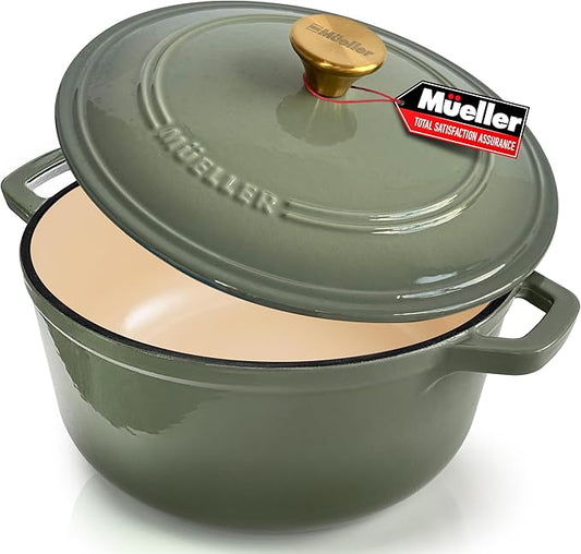 MUELLER HOME 6 Quart Enameled Cast Iron Dutch Oven For Sourdough Bread Baking, Heavy-Duty, Oven-Safe up to 500° F & Across All Cooktops, Casserole Dishes, Green Kitchen Accessories, Thyme Green