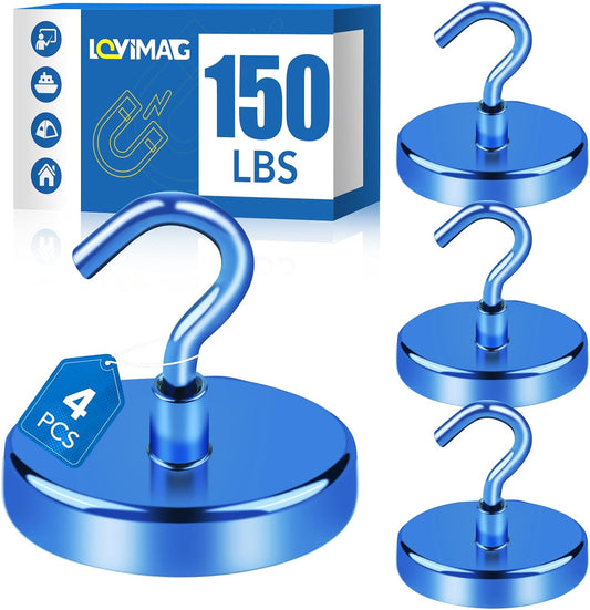 LOVIMAG Magnetic Hooks Heavy Duty, 150LBS Strong Magnets with Hooks for Cruise Cabins, Neodymium Magnet Hooks for Hanging, Blue Magnetic Hooks for Kitchen, Tool Room, Grill- 4 Pcs