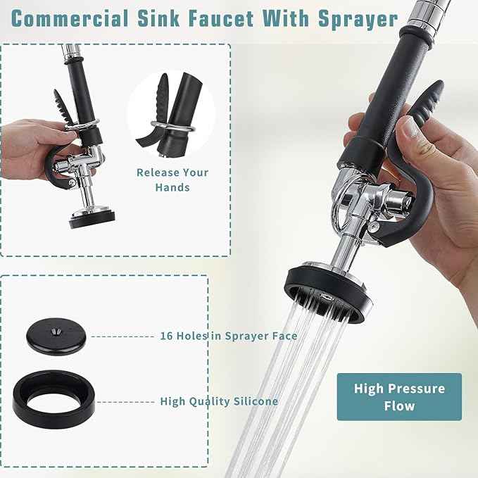 Fapully Commercial Kitchen Faucet,Wall Mount Kitchen Sink Faucet with Pre-Rinse Pull Down Sprayer,25‘’ Height 8'' Center 3 Compartment Sink Faucets with 12.2'' Swing Spout Chrome