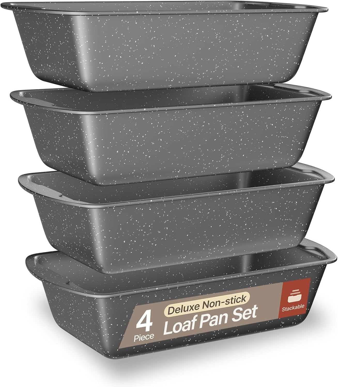 Nonstick Loaf Pan Set Pack of 4, Carbon Steel 11" Large Baking Bread Pan, Oven Safe Up to 450°F, PFOA, PFOS, PTFE Free, Space Saving Stackable Design, Stain Resistant, Dishwasher Friendly, Gray Marble - Culinary Roots