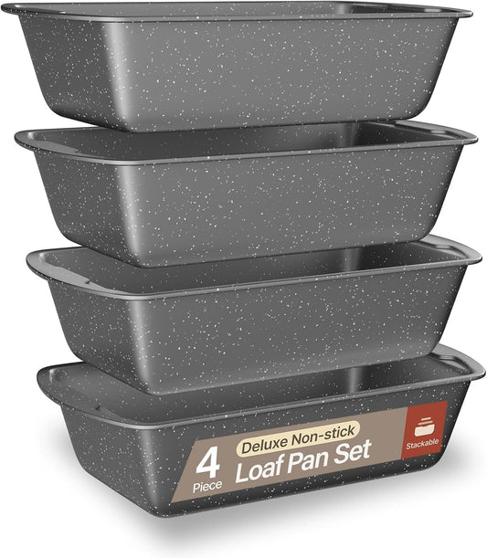 Nonstick Loaf Pan Set Pack of 4, Carbon Steel 11" Large Baking Bread Pan, Oven Safe Up to 450°F, PFOA, PFOS, PTFE Free, Space Saving Stackable Design, Stain Resistant, Dishwasher Friendly, Gray Marble - Culinary Roots