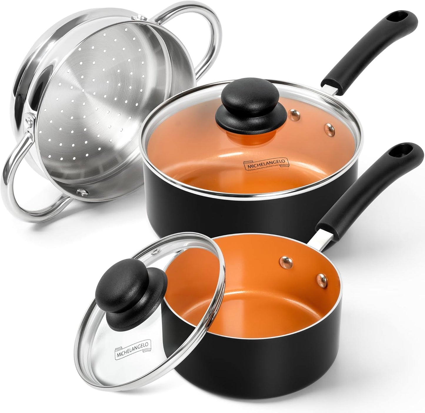 MICHELANGELO Nonstick Sauce Pan with Lid, 1QT & 2QT Ceramic Saucepan Set with Steamer, Small Copper Saucepans Set, Multipurpose Sauce Pots for Cooking, PFAS-FREE, Dishwasher Safe - Culinary Roots