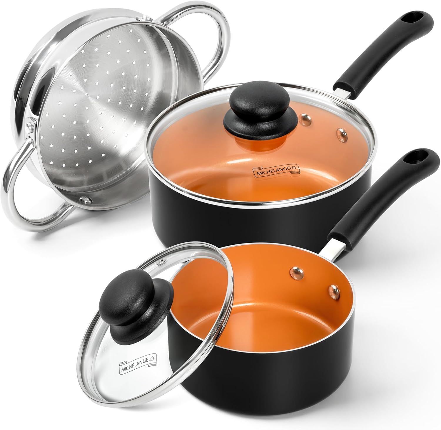 MICHELANGELO Nonstick Sauce Pan with Lid, 1QT & 2QT Ceramic Saucepan Set with Steamer, Small Copper Saucepans Set, Multipurpose Sauce Pots for Cooking, PFAS-FREE, Dishwasher Safe - Culinary Roots