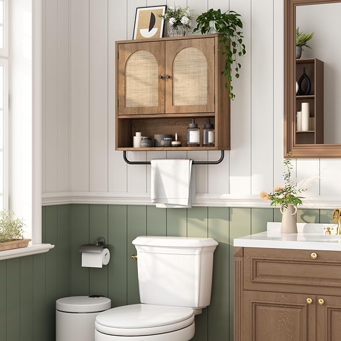 RUSTOWN Rattan Bathroom Wall Cabinet, Boho Medicine Cabinet with 2 Arched Doors, Farmhouse Over The Toilet Storage Cabinets with Adjustable Shelves & Towel Bar, 3-Tier Wall Mounted Cabinets