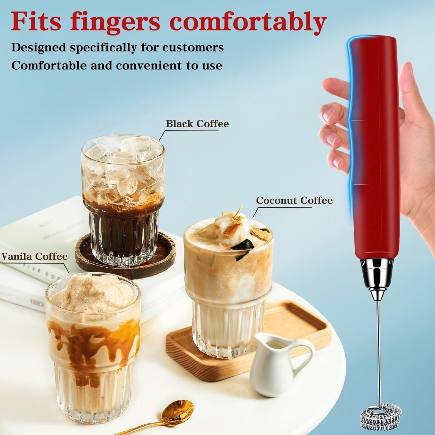 Milk Frother Handheld for Coffee, Electric Whisk 3 Speed Adjustable, Drink Mixer with Stainless 3 Whisks, Rechargeable Hand Frother Wand, Foam Maker for Latte Cappuccino Hot Chocolate Egg Red - Culinary Roots