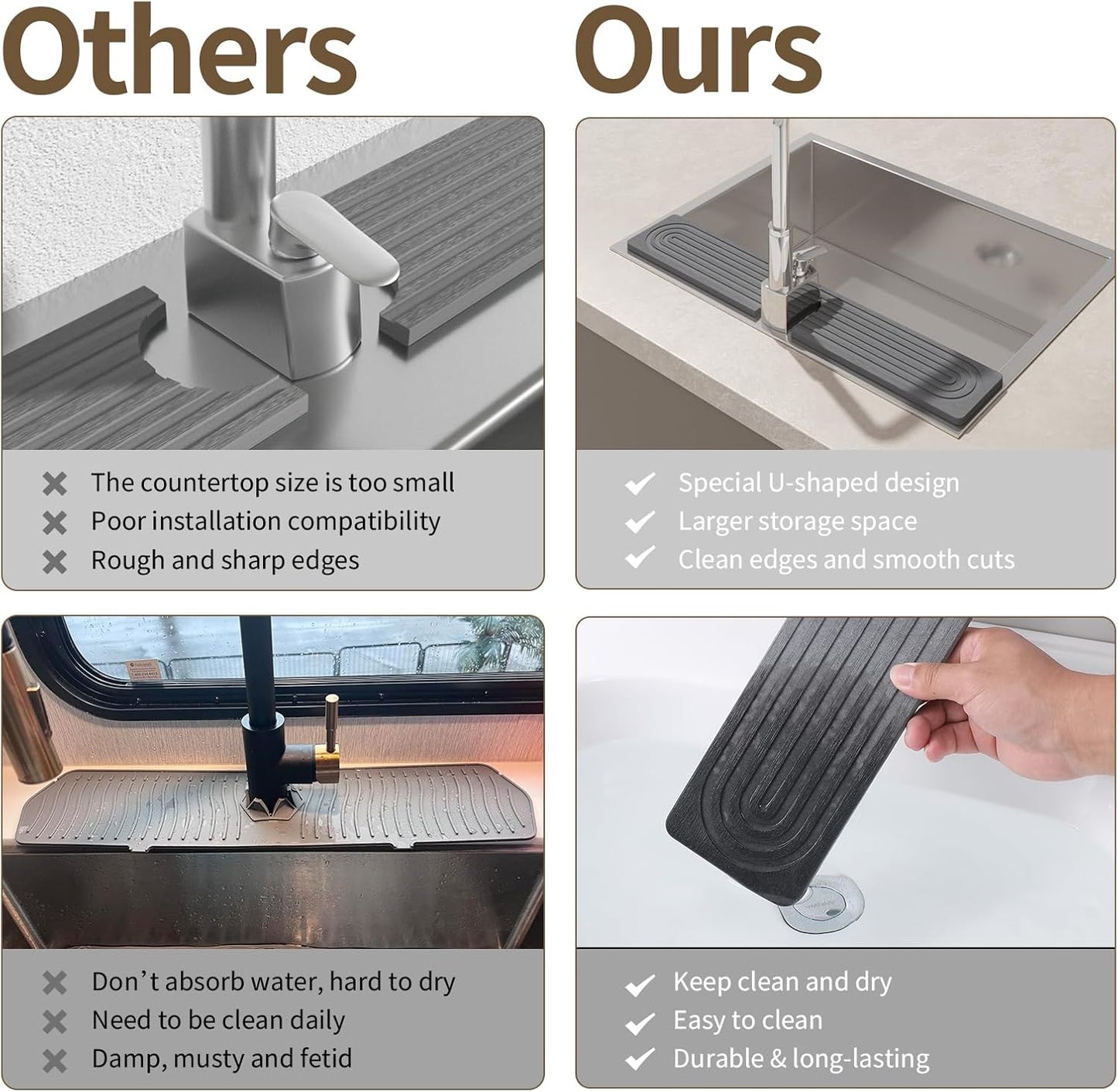 Faucet Mat for Kitchen Sink, Diatomite Stone Drying Sink Protectors, Bathroom Faucet Splash Guard, Quick Dry Water Absorbing, Non-Slip Stone Tray for Kitchen Counter, Grey, 23.6" x 3.9" - Culinary Roots