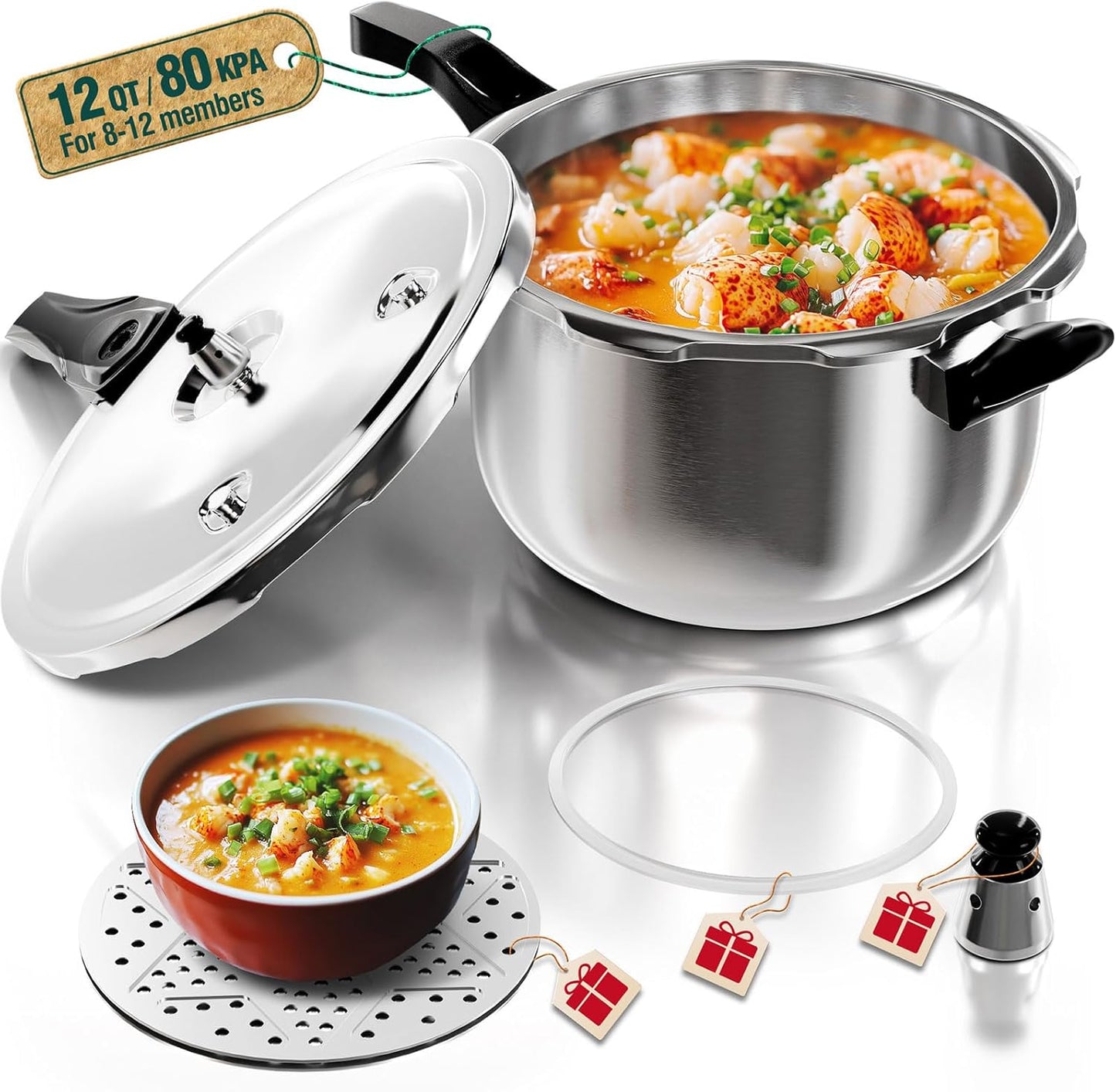 WantJoin Pressure Cooker, 12 Quart Stainless Steel Pressure Canner, Induction Compatible Cookware with Spring Valve Safeguard Devices,Compatible with Gas & Induction Cooker