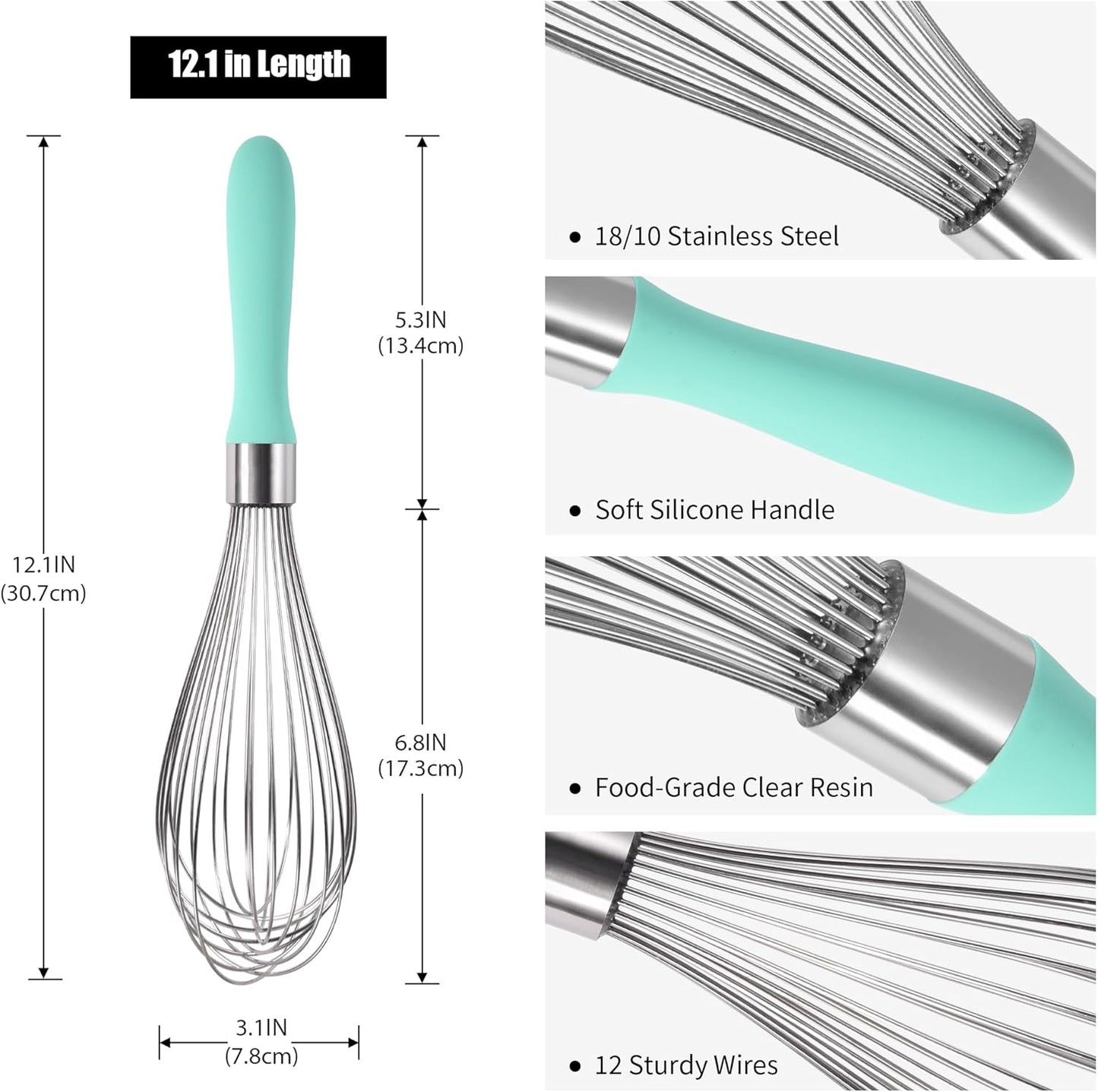 18/8 Stainless Steel Balloon Whisk, Doosu Kitchen Whisk for Cooking Handheld Egg Beater with Rust-Proof Sturdy Wires & Non-Slip Silicone Handle for Beating, Stirring, Blending (12 Wires, Aqua Sky) - Culinary Roots