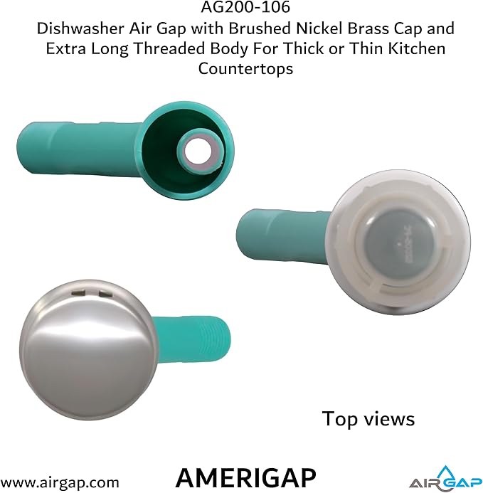 Dishwasher Air Gap with Skirted Brushed Nickel Brass Cap and Extra Long Threaded Body for Thick or Thin Kitchen Countertops (AG200-106, AG200-X06, AMERIGAP)