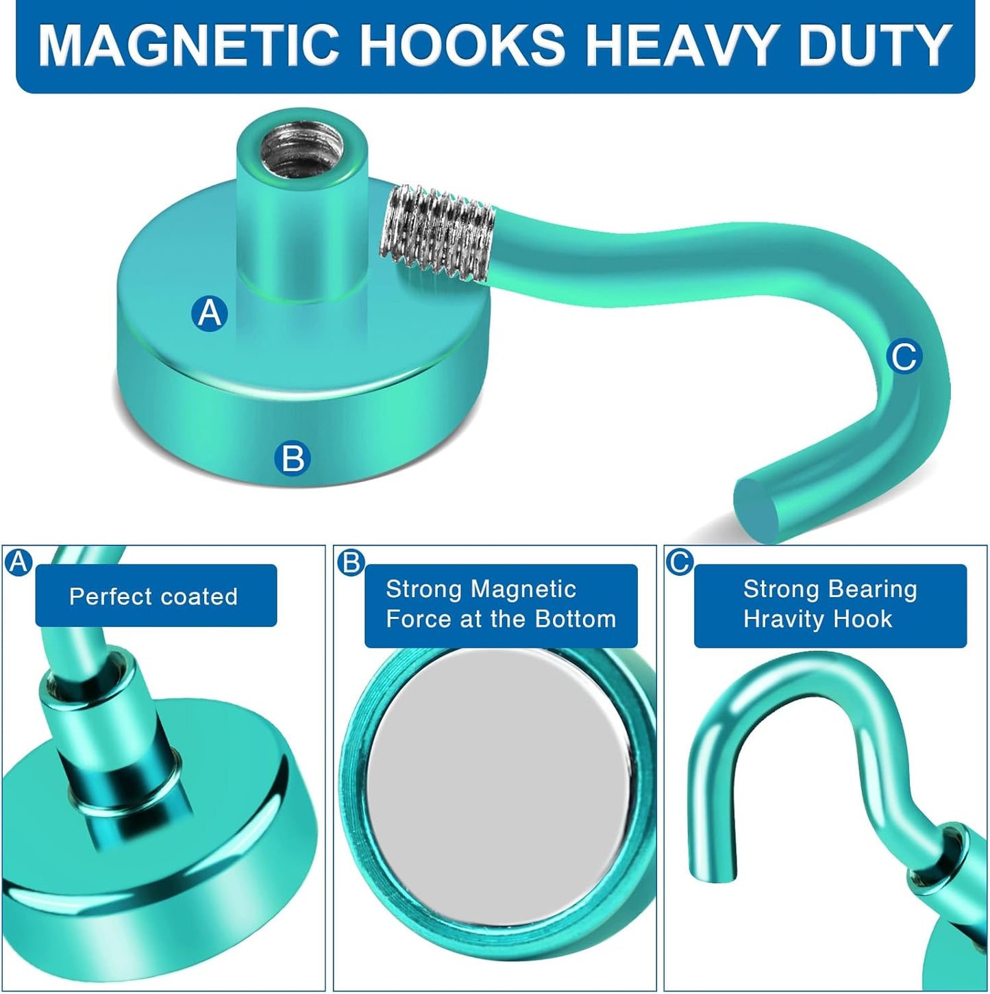 LOVIMAG Magnetic Hooks, 110lbs Capacity, Green Cruise Magnets, Key Holder, Strong Hanging Hooks - Fridge, Grill - 12 Pack