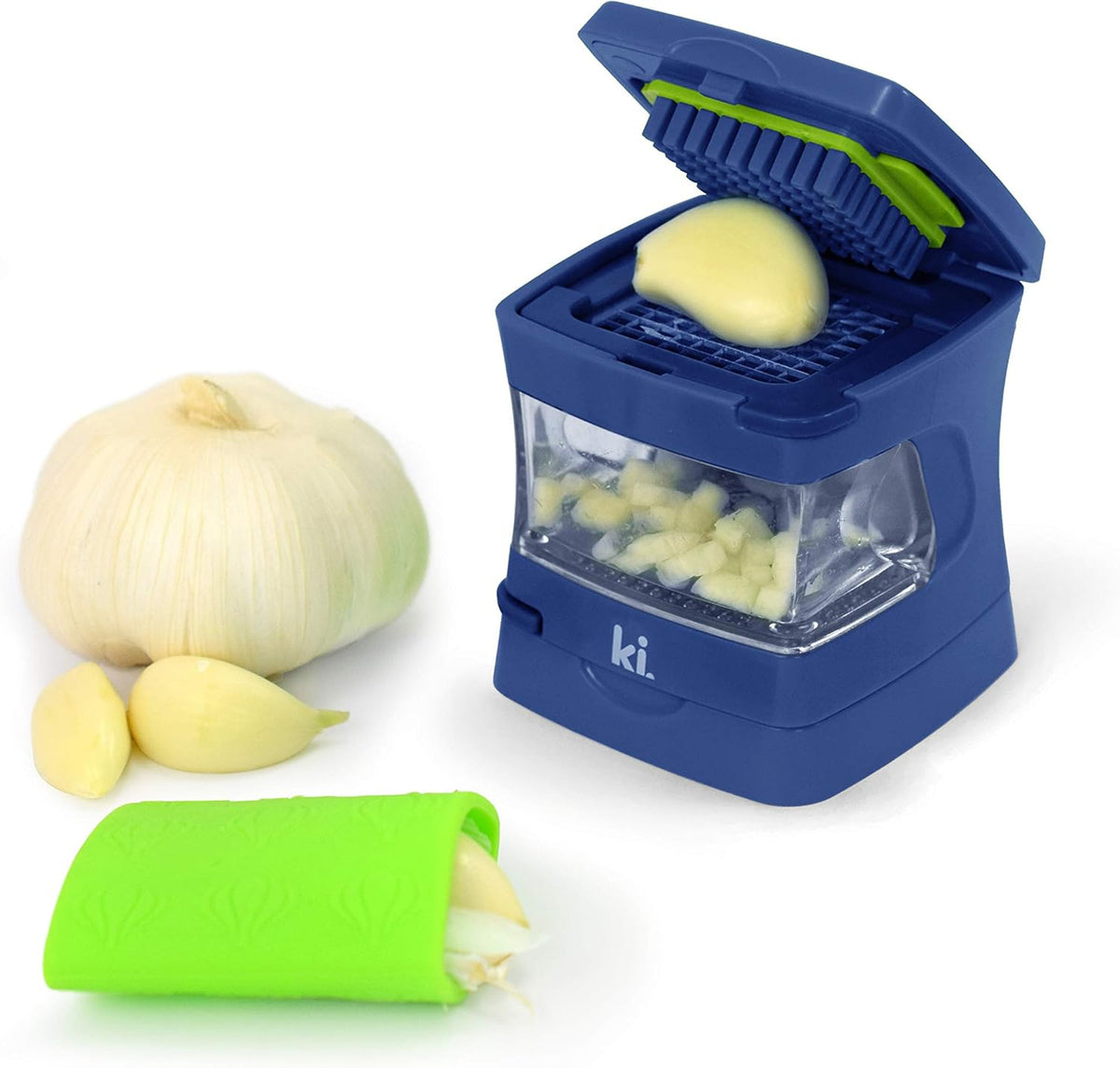 Garlic-A-Peel Garlic Press, Crusher, Cutter, Mincer, and Storage Container - Includes Silicone Garlic Peeler - Easy to Clean - Stainless Steel Blades – (Blue), standard - Culinary Roots
