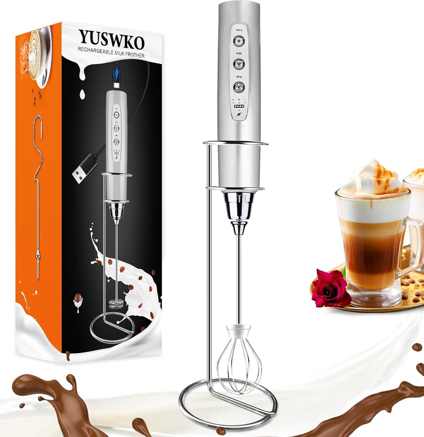 YUSWKO Silver Rechargeable Milk Frother for Coffee with Stand, Handheld Drink Mixer with 3 Heads 3 Speeds Electric Stirrers for Latte, Cappuccino, Hot Chocolate, Egg - Culinary Roots