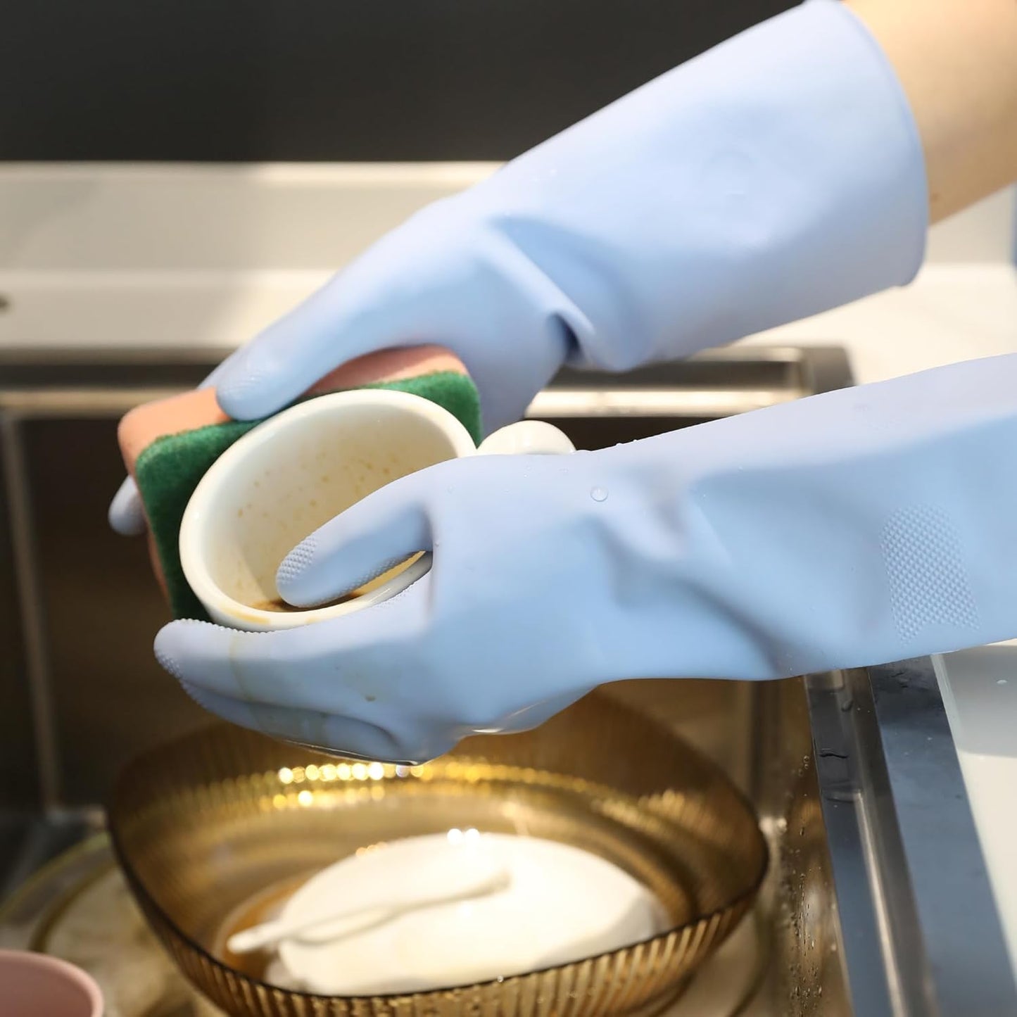 COOLJOB 2 Pairs Thickened Rubber Gloves with Cotton Lining & Non-slip Grip, Colorful Household Long Lasting Dishwashing Gloves for Kitchen & Bathroom Cleaning, Orange & Blue, Medium