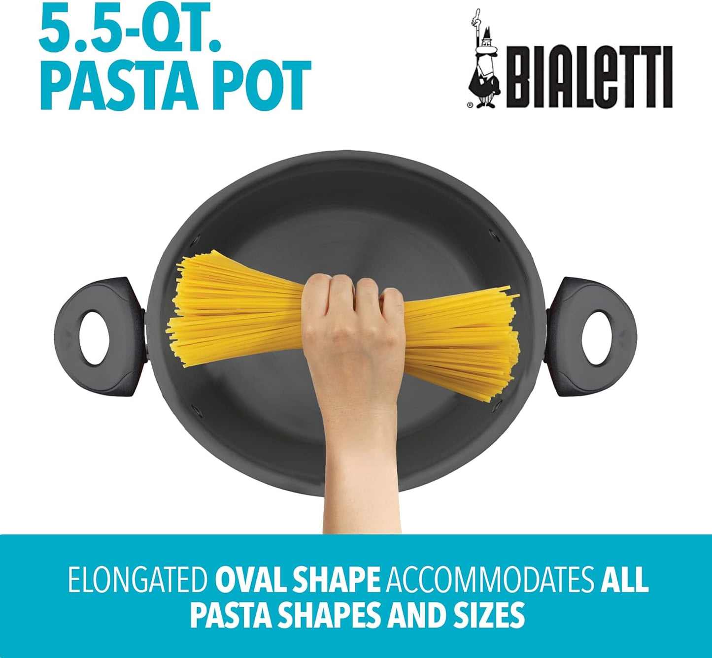 Bialetti 5.5-Quart Nonstick Aluminum Pasta Pot with Strainer Lid and Handles, PFOA-Free Nonstick Oval Cooking Pot and Lid, Black - Culinary Roots