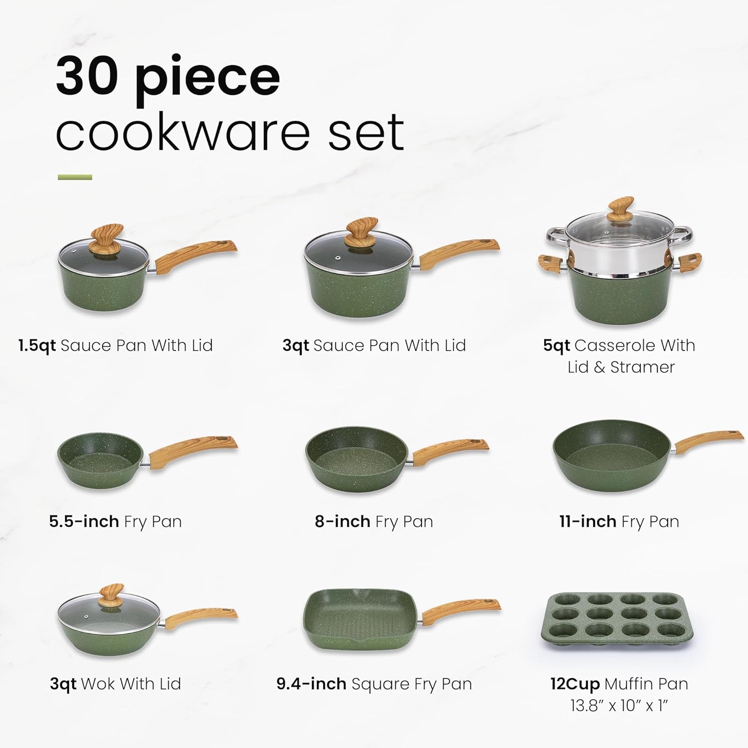 Kitchen Academy Pots and Pans Set Nonstick, 30 Pieces Induction Kitchen Cookware and Bakeware Sets, Green Granite Coating Cooking Pans Set - Culinary Roots