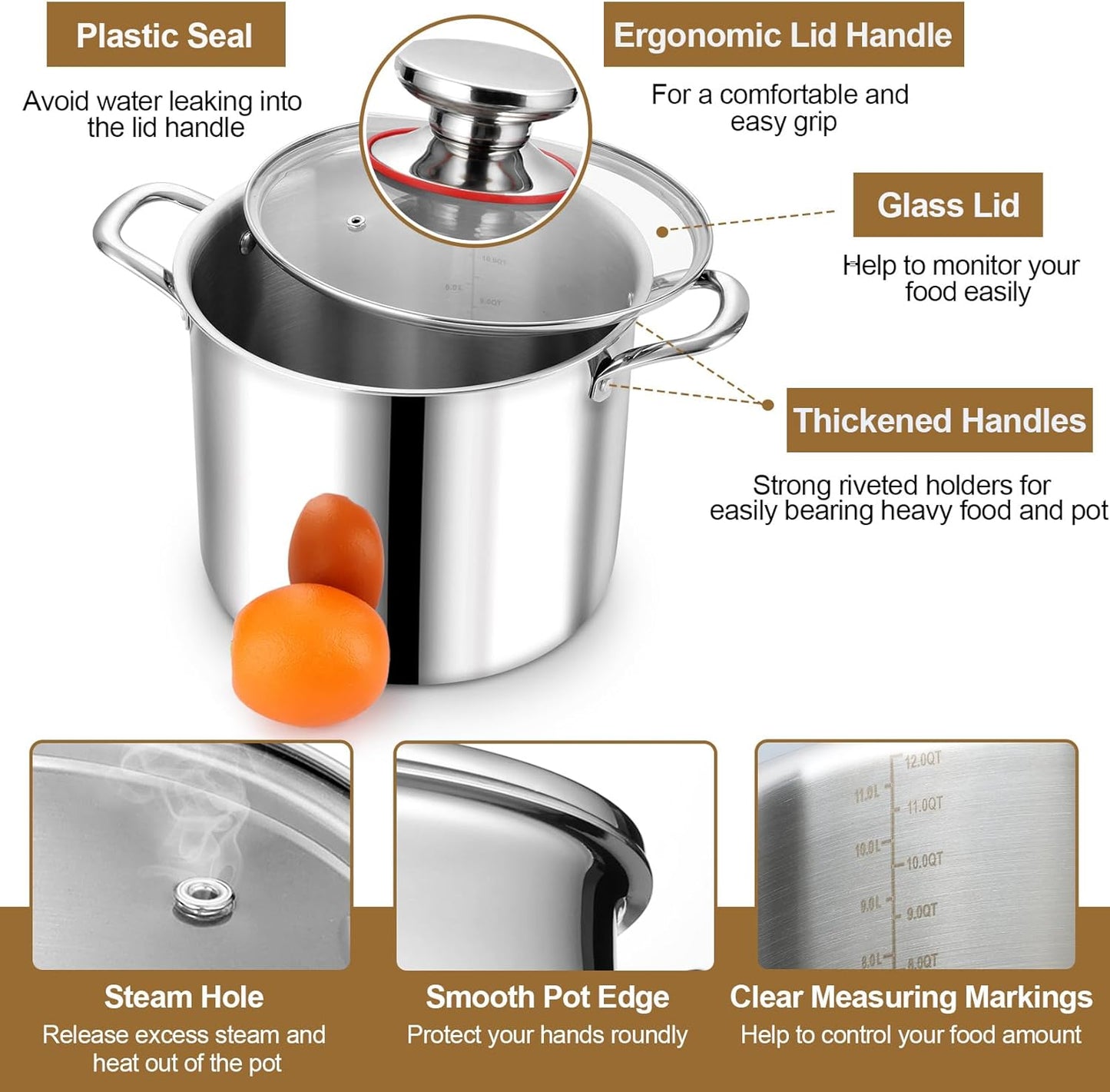 P&P CHEF 12 Quart Tri-Ply Stainless Steel Stockpot, Stock Pot with Visible Lid for Soup Pasta Vegetable, Induction Cooking Pot for All Stoves, Sturdy & Double Handle, Dishwasher Safe - Culinary Roots