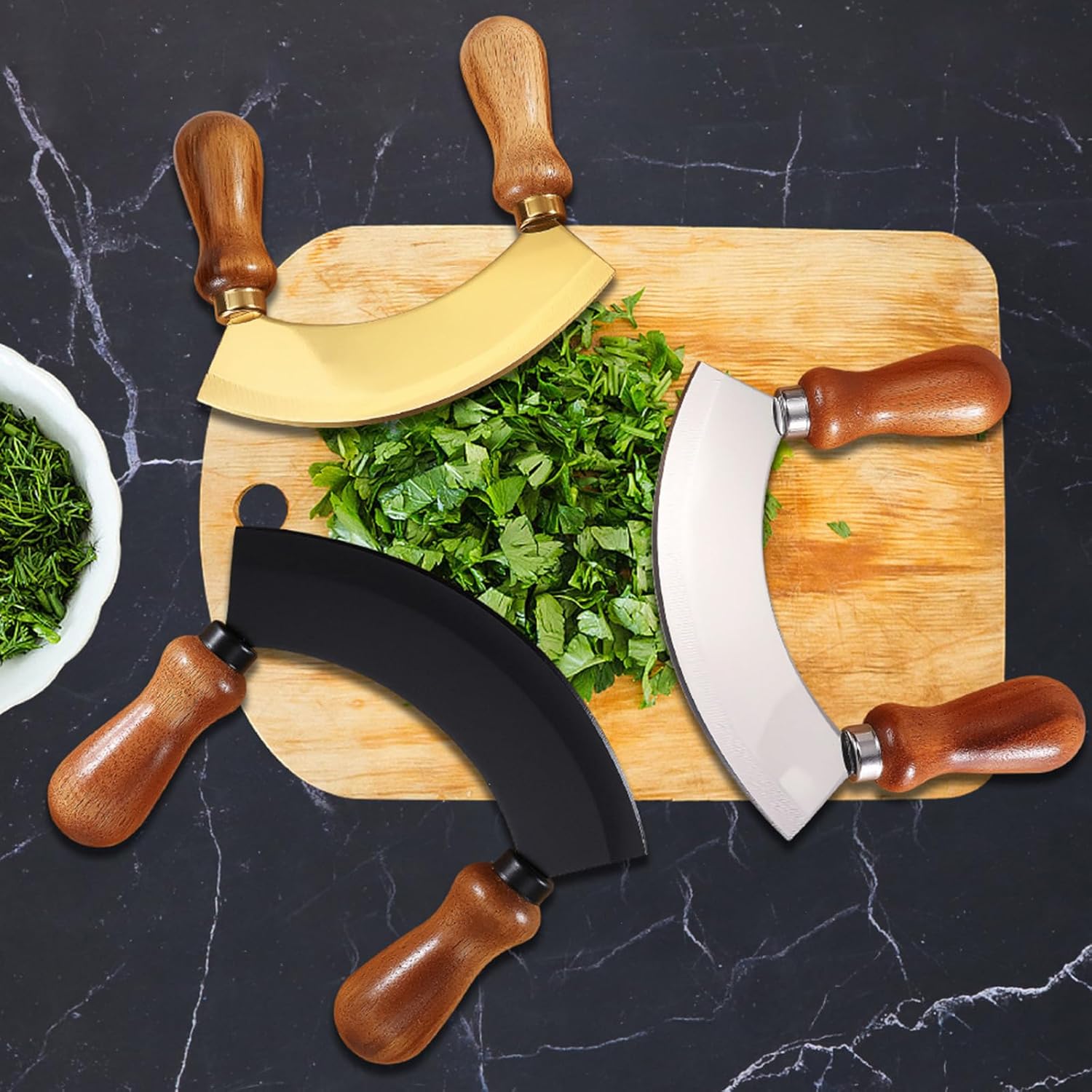 5.4 Inch Stainless Steel Mezzaluna Knife - Salad Chopper Rocker Pizza Cutter Rocker Knife Curved Blade Sharp Blade Double Acacia Wood Handle Fruit Vegetable Mincing (5.4 Inch Black) - Culinary Roots