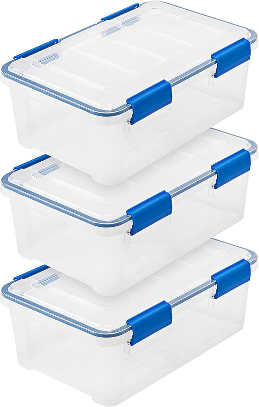IRIS USA WeatherPro 16 Qt Storage Bins with Lids, 3 Pack, BPA-Free Plastic Gasket Box with Tight Latch and Seal, Stackable Nestable Tote Tub - Clear/Blue