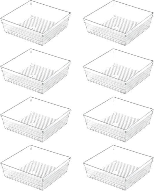 Backerysupply Clear Plastic Drawer Organizer Tray for Vanity Cabinet (6"×6"×2"，Set of 8),Storage Tray for Makeup, Kitchen Utensils, Jewelries, and Gadgets…