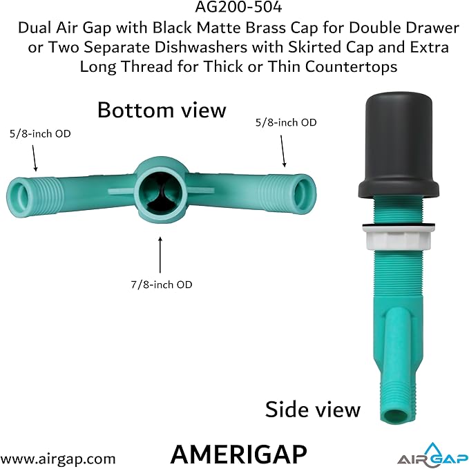 Dual Air Gap with Black Matte Brass Cap for Double Drawer or Two Separate Dishwashers with Skirted Cap and Extra Long Thread for Thick or Thin Countertops (AG200-504, AG200-X04, AMERIGAP)