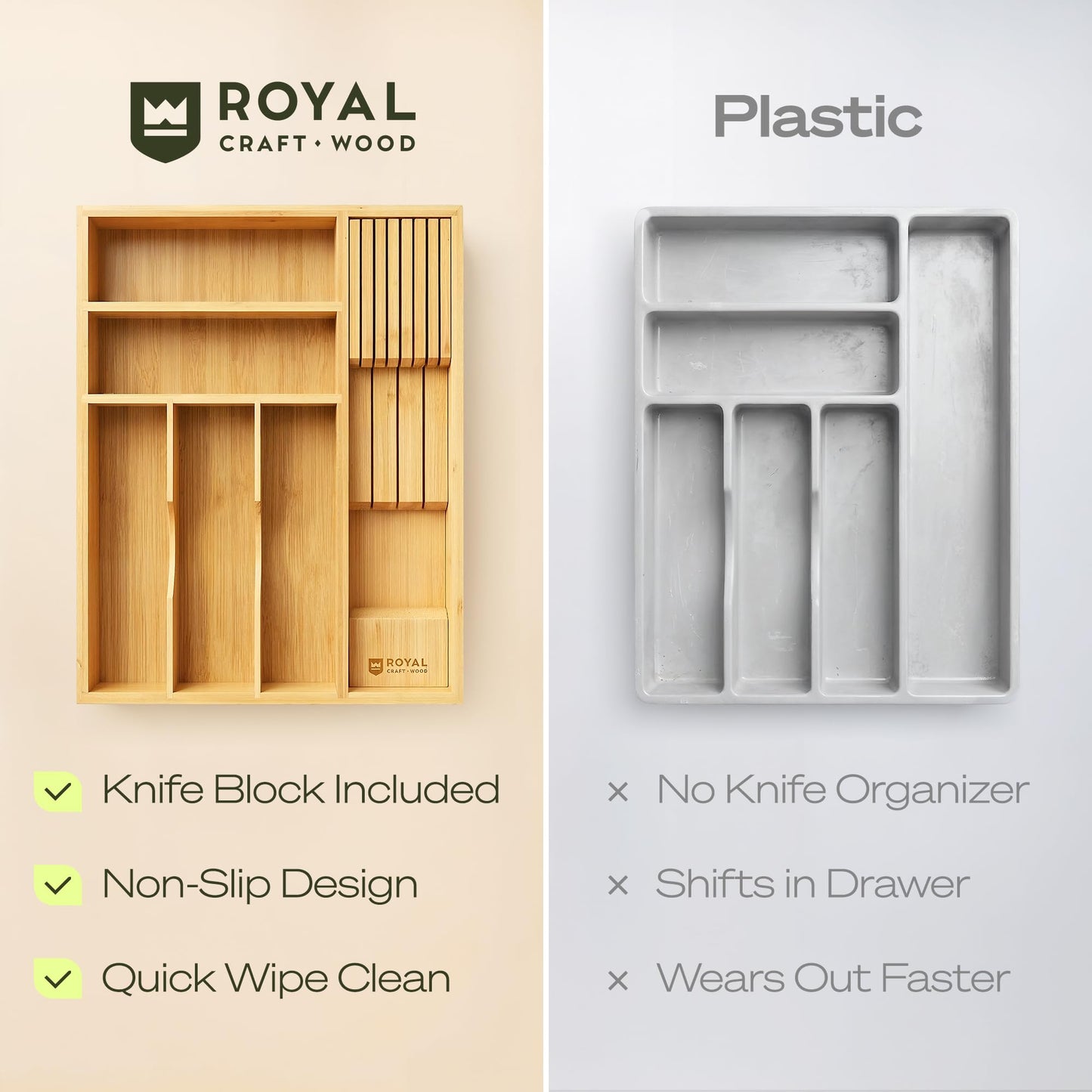 Drawer Organizer with Knife Block for Kitchen Organization