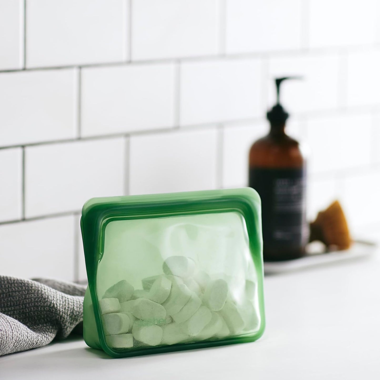 Stasher Premium Silicone Reusable Food Storage Stand-Up Mini Bag, Green, Microwave, Sous Vide, Dishwasher, Oven and Freezer Safe, BPA Free, Leak-free, Eco-friendly, 28 Oz