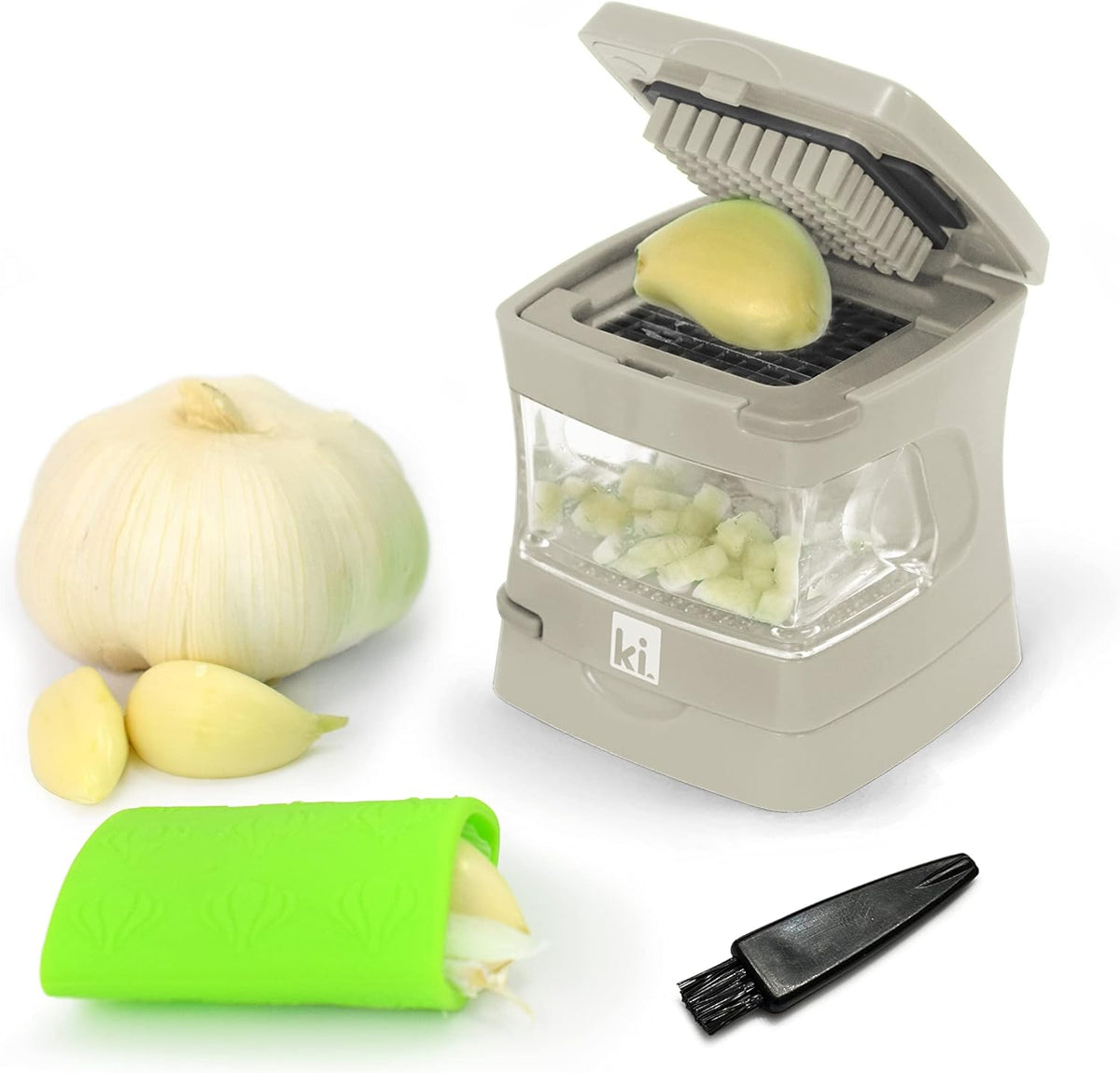 Garlic-A-Peel Garlic Press, Crusher, Cutter, Mincer, and Storage Container - Includes Silicone Garlic Peeler - Easy to Clean - Stainless Steel Blades – (Cream), standard - Culinary Roots
