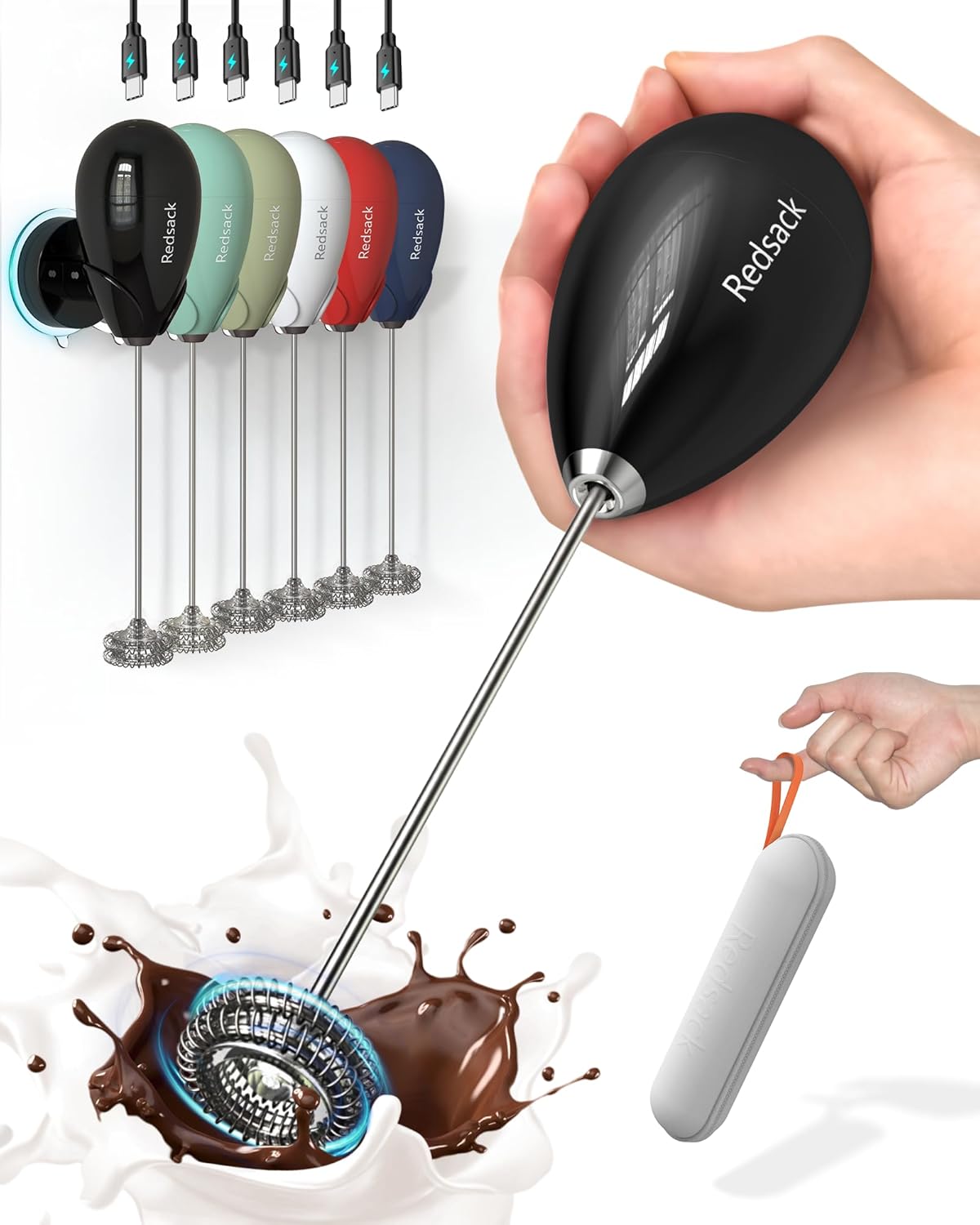 Milk Frother Handheld with Case,USB C Rechargeable Frother Wand for Coffee, Portable Electric Whisk with Stand,Waterproof Hand Drink Mixer Travel for Lattes, Cappuccino, Matcha, Egg (Black) - Culinary Roots