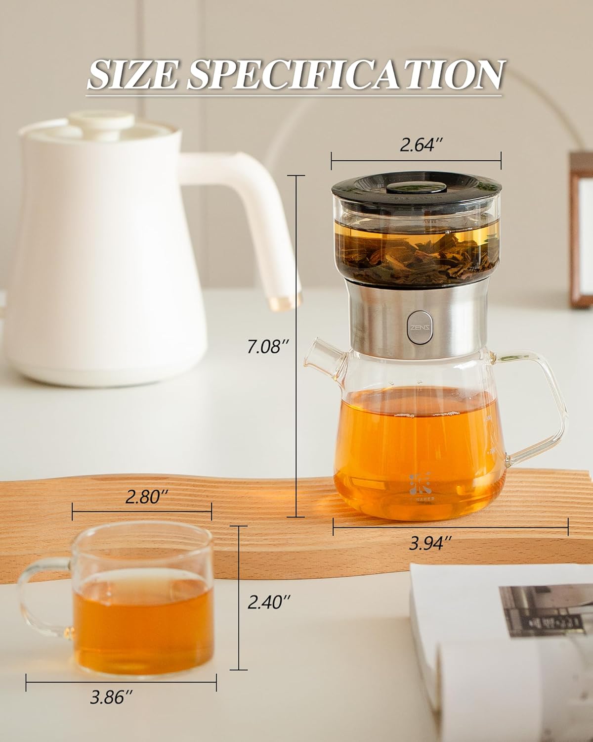 ZENS Modern Glass Tea Infuser Teapot Set, Smart One Touch Tea Maker for Loose Tea Diffusers with 2 Gongfu Cups, Cool Enchanted Tea Pot Alternatives for Black Tea Lovers Gifts-400ml