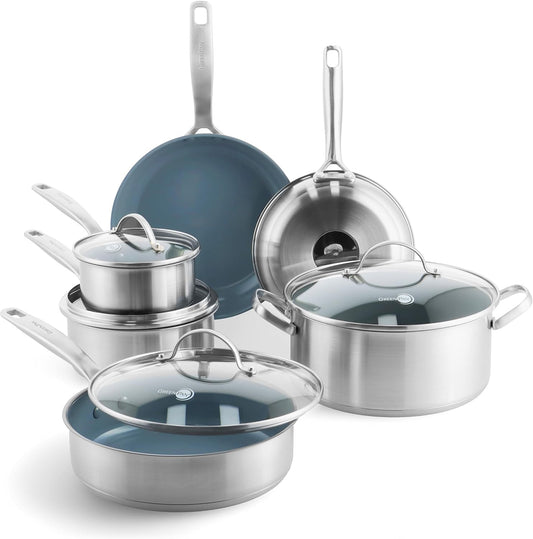 GreenPan Treviso 10 Piece Cookware Set, Non-Toxic PFAS-Free Stainless Steel Ceramic Nonstick Coating, Induction Suitable, Pots, Pans Lids, Sauté & Saucepans, Multi Clad, Dishwasher & Oven Safe - Culinary Roots