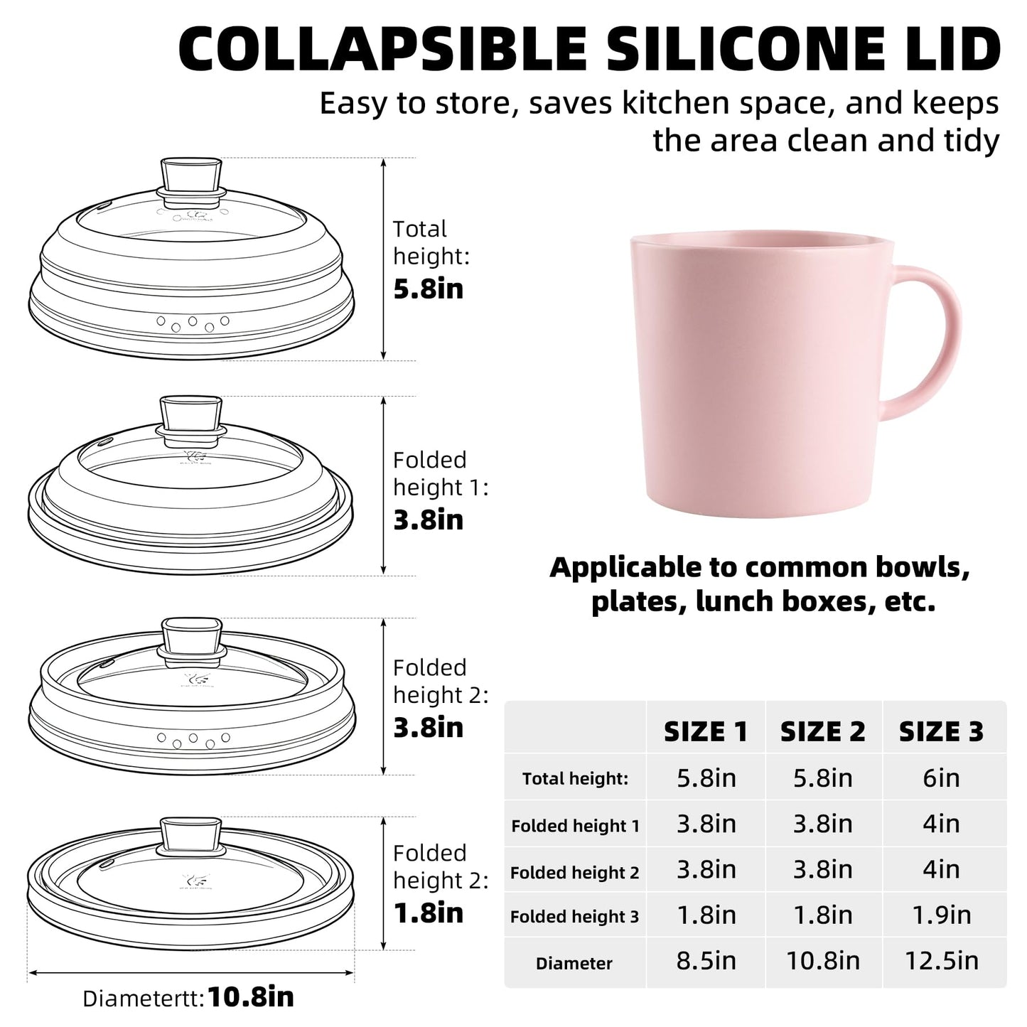 Tall Microwave Splatter Cover Glass Cover Guard Lid 5.8 inch Height with Collapsible Silicone for Food Pot Plate 10.8 inch Grey