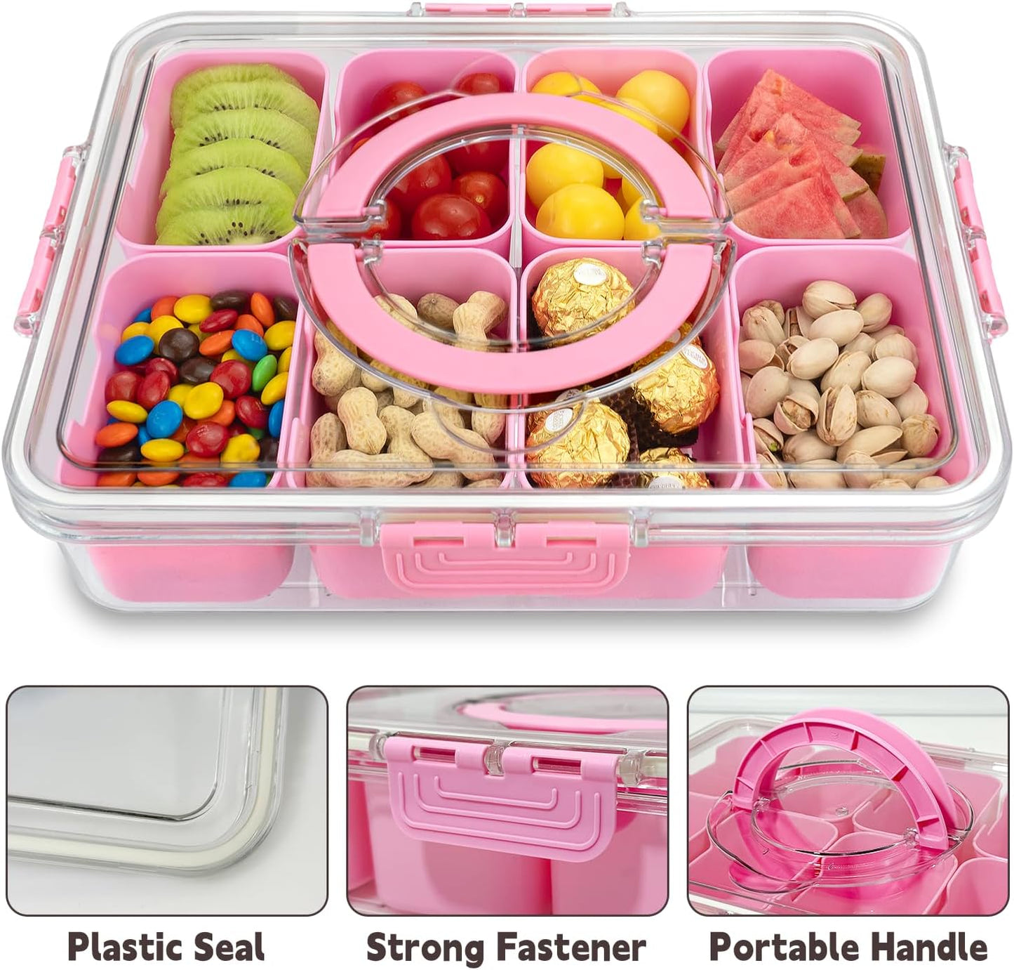 Divided Serving Tray with Lid and Handle,8 Compartments Snacks Box,Snack Fruit Tray,Veggie Tray,Portable Platter for Candy Fruits Nuts Snack Party Entertaining Picnic (2PCS Pink)