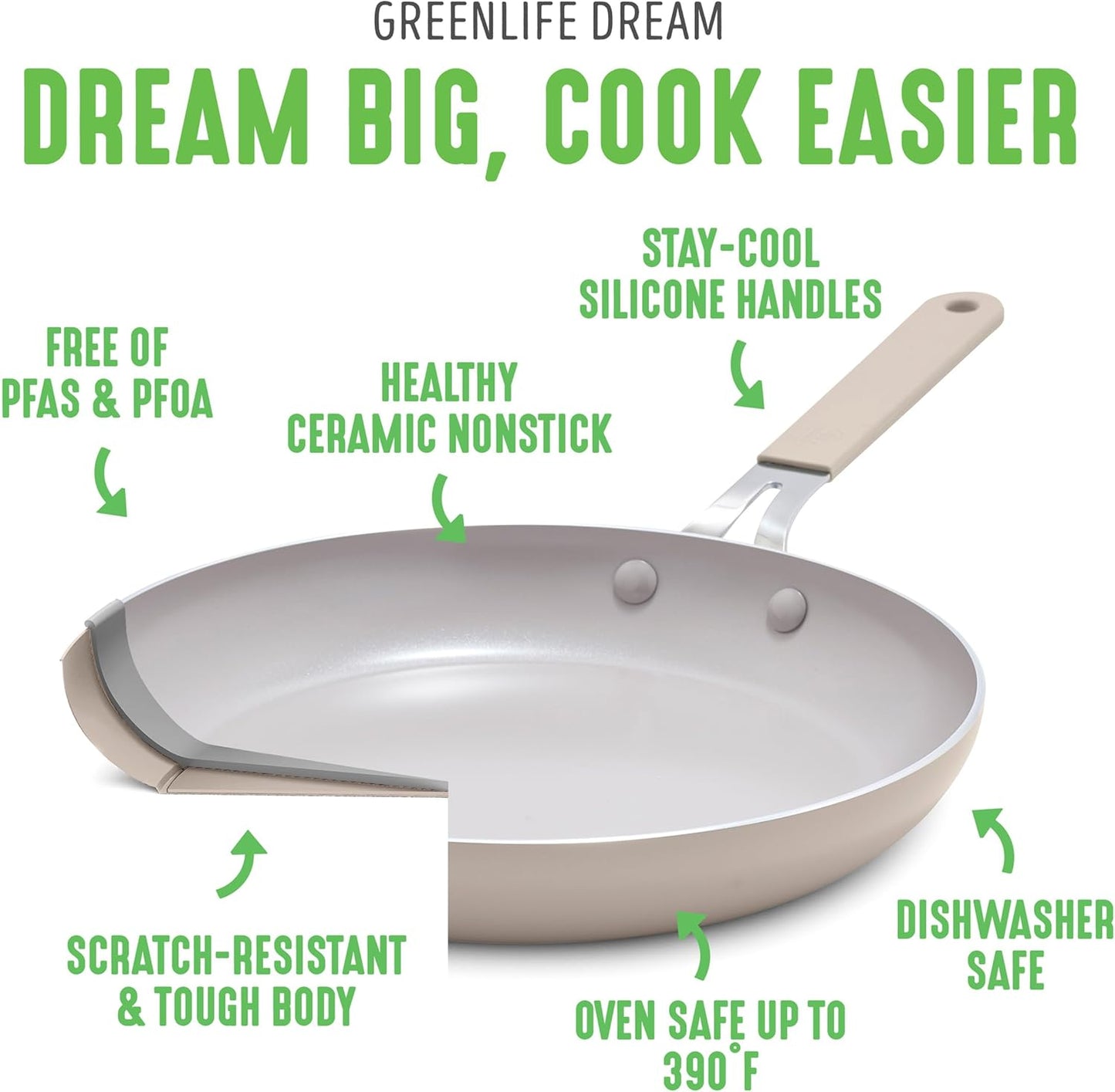 GreenLife 8” & 10” 2 Piece Nonstick Ceramic Frying Pan Set, Lightweight Healthy PFAS-Free Skillets, Dishwasher & Oven Safe, Durable Body, Silicone Stay-Cool Handles, Easy Release, Taupe - Culinary Roots