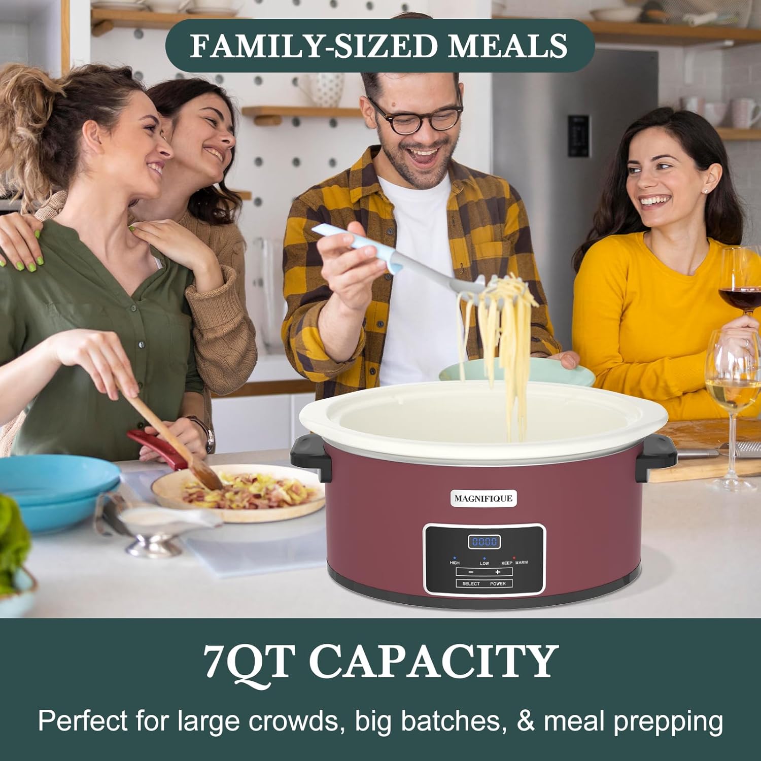 7-Quart Programmable Slow Cooker with Timer Keep Warm - Small Kitchen Appliance for Family Dinners - Serves 6+ People (Red Shell + White Ceramic Liner) - Culinary Roots