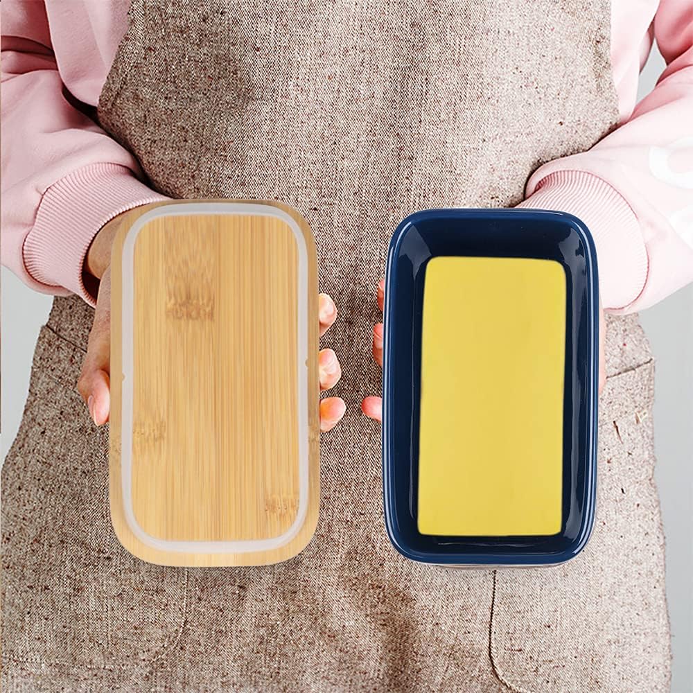Ceramic Butter Dish with Wooden Lid, Large Butters Container Keeper Storage with Stainless Steel Knife Spreader, Bamboo Cover and Silicone Sealing Ring for West East Coast, Blue