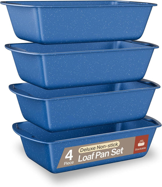 Nonstick Loaf Pan Set Pack of 4, Carbon Steel 11" Large Baking Bread Pan, Oven Safe Up to 450°F, PFOA, PFOS, PTFE Free, Space Saving Stackable Design, Stain Resistant, Dishwasher Friendly, Blue Marble - Culinary Roots