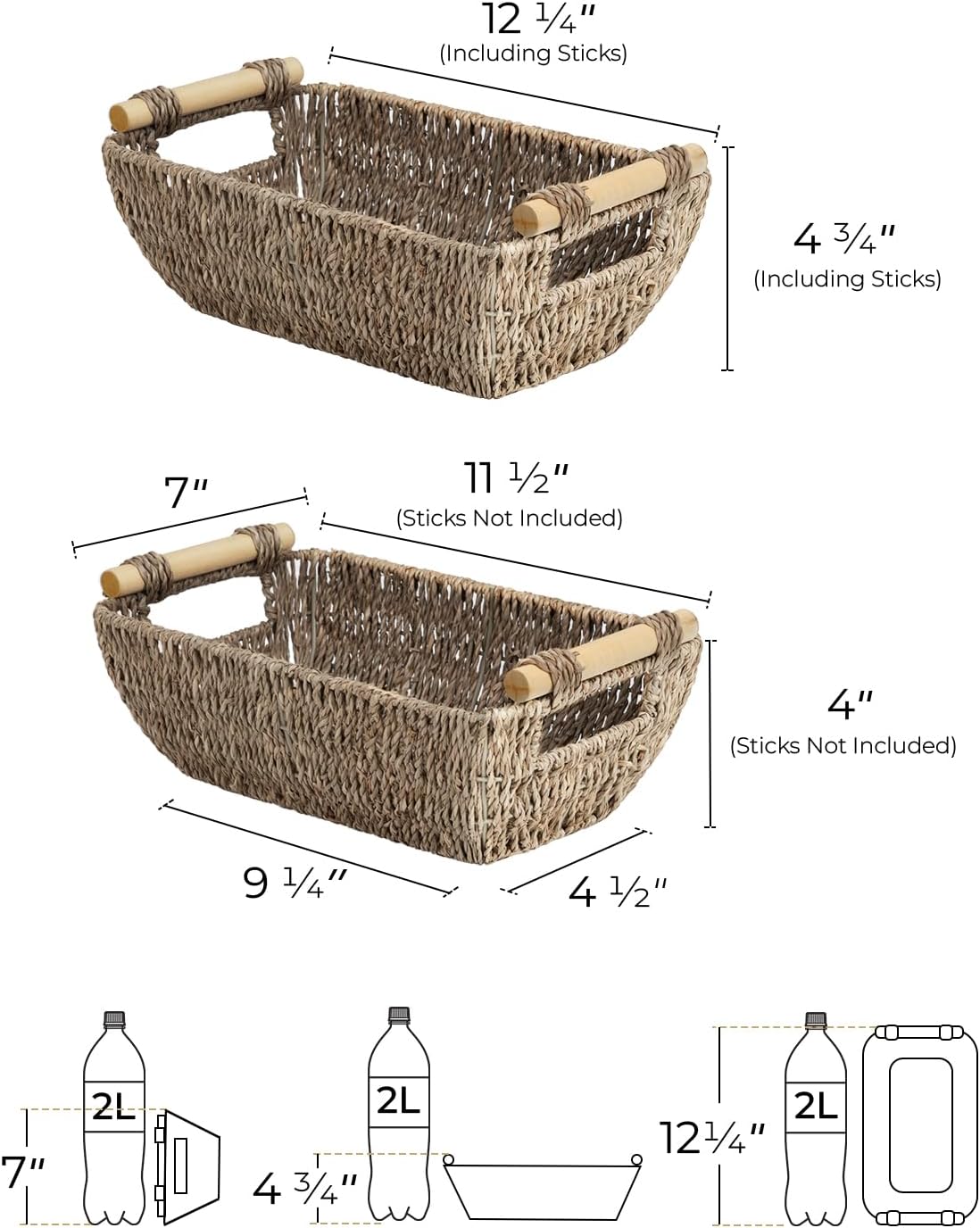 StorageWorks Small Baskets for Bathroom, Seagrass Woven Basket with Wooden Handles for Gifts, 2-Pack