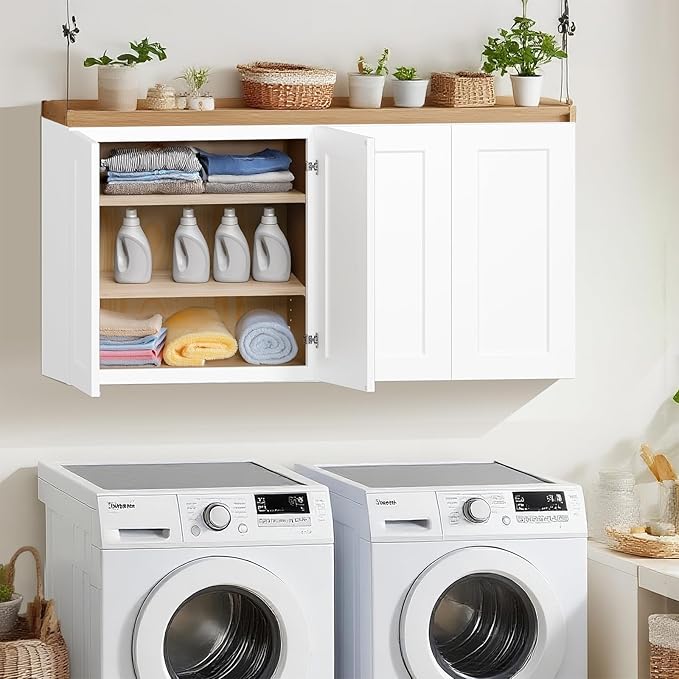 Solid Wood Laundry Room Wall Cabinets, 27 Inch Wide 12 Deep RTA Large Kitchen Storage Organizer Cabinet with 2 Shaker Doors & 2 Adjustable Shelves, Space-Saving for Bathroom, Garage - White