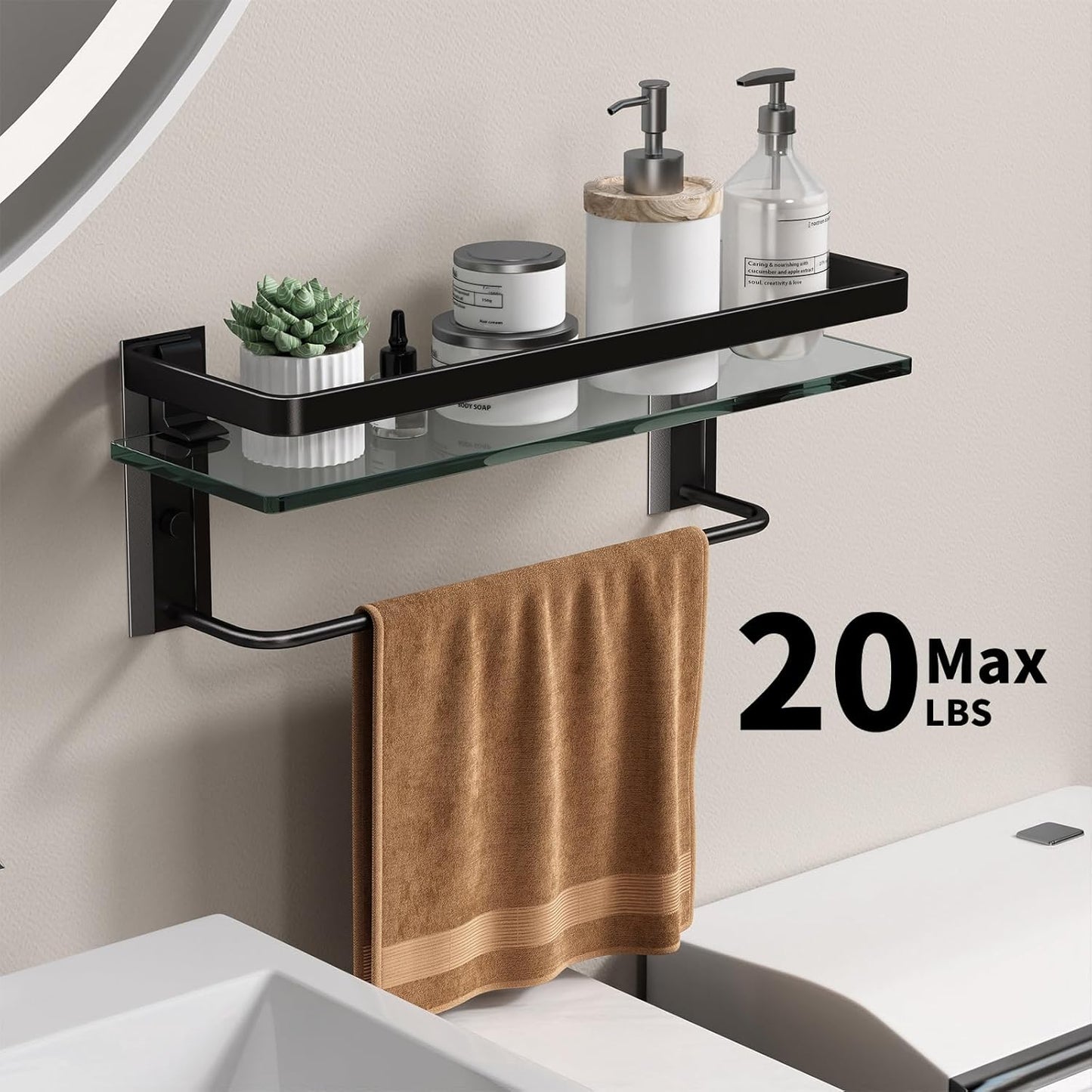 Danpoo Bathroom Wall Shelf with Towel Bar, Clear Tempered Glass, Hand Towel Holder (Matte Black)