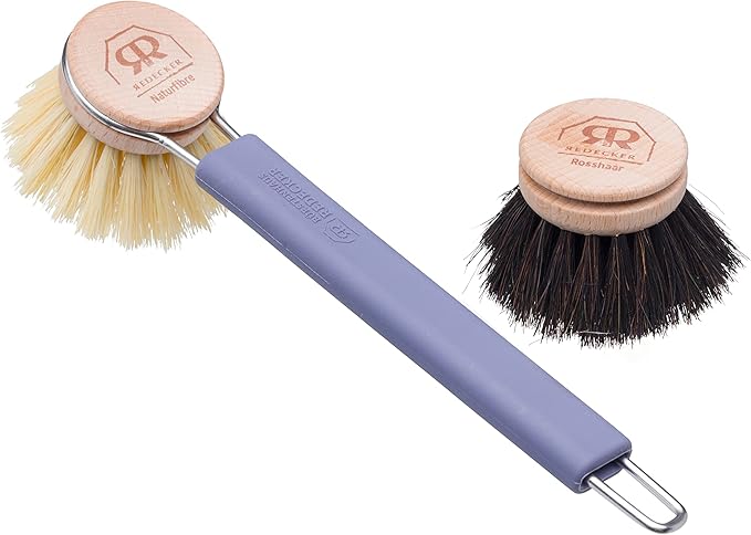 Redecker Silicone Dish Brush Bundle, Includes Interchangeable Natural Horsehair and Tampico Fiber Brush Heads, Sustainable Silicone and Stainless Steel Handle with Hanging Loop, Blue