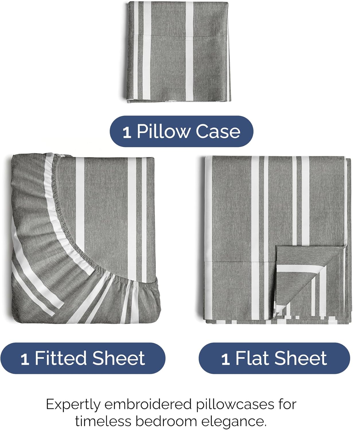 Twin XL Size 3 Piece Sheet Set - Comfy Breathable & Cooling Bed Sheets Set - Hotel Luxury Bedding for Women, Men, Kids, Teens, Boys & Girls - Deep Pockets and Wrinkle Free - Oeko-Tex - Grey Stripes 3