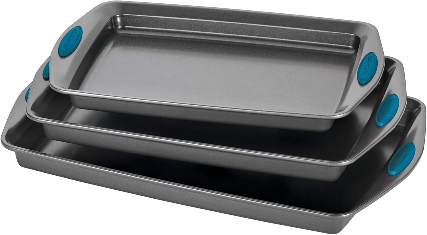 Rachael Ray Bakeware Nonstick Cookie Pan Set, 3-Piece, Gray with Marine Blue Grips - Culinary Roots